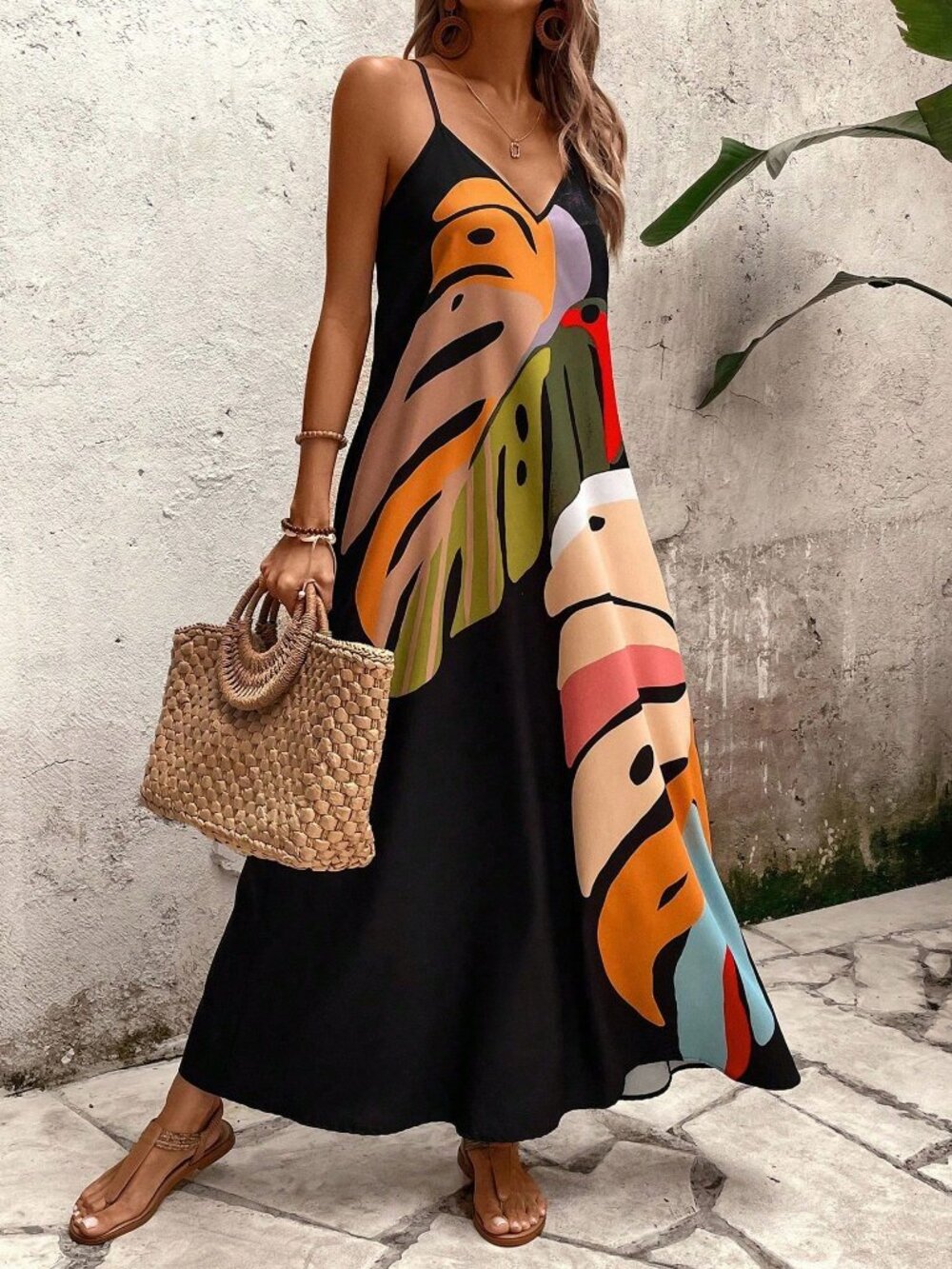 Multicolor Casual Women's Colorful Leaf Printed Strappy Dress Maxi Outfit - Picture 4 of 7